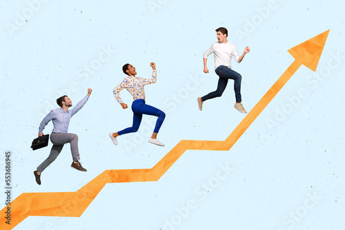 Creative photo 3d collage artwork poster postcard picture of young people moving ahead professional growth isolated on painting background
