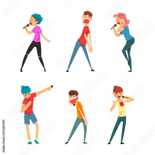 Rock and Pop Singers with Microphone Singing Performing on Stage Vector Set