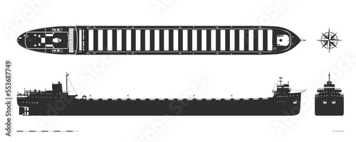 Cargo ship black silhouette. Industrial blueprint. Front, side and top views of boat. Sea transport contour drawing. Isolated industry graphic