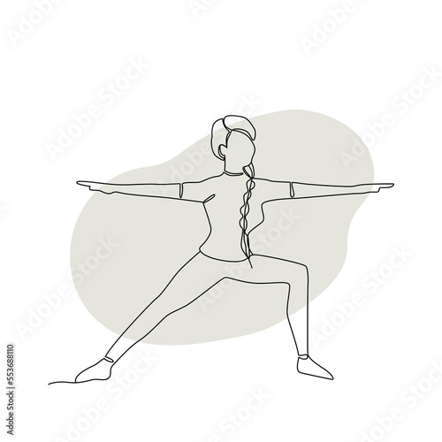 Single line drawing of a girl standing in a yoga pose with abstract shape background. Doodle illustration of relaxing workout.