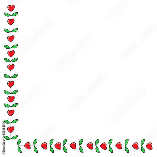 Side frame of leaves and hearts. Vector illustration in doodle style.