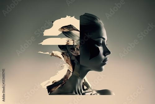 portrait de femme abstrait en collage de profil