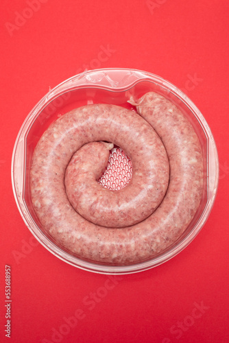 rolled botifarra, a pork meat sausage typical of Catalonia, Spain, in a plastic
