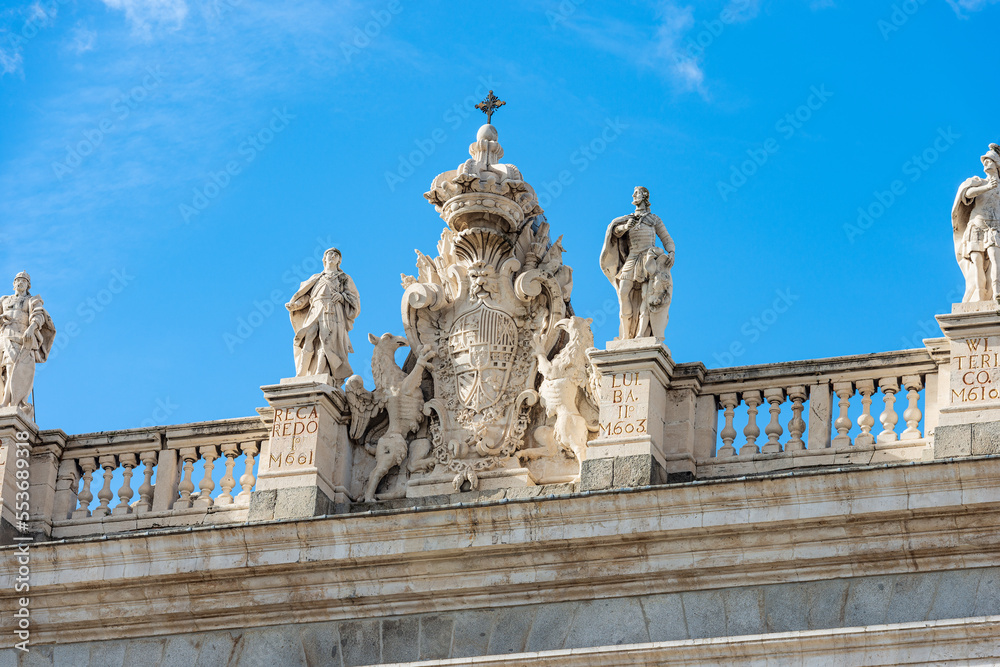 Close-up of Madrid Royal Palace in Baroque style, in the past used as the residence of the King of Spain, Plaza de la Armeria, Community of Madrid, Spain, southern Europe.