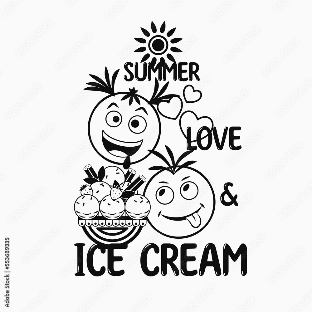 Funny monochrome label with ice cream sandae, crazy emoji love couple, text Love, Summer, Ice Cream. Simple minimal style, white background. For prints, clothing, t shirt design