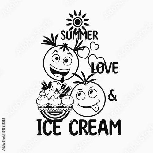 Funny monochrome label with ice cream sandae  crazy emoji love couple  text Love  Summer  Ice Cream. Simple minimal style  white background. For prints  clothing  t shirt design