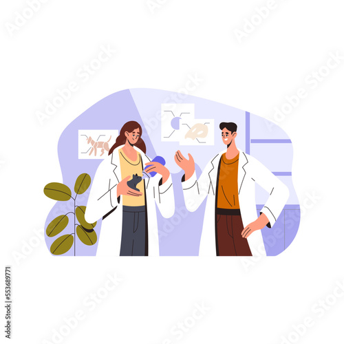 Vet volunteers caring about cute kitten. Veterinarians feeding little adopted cat in veterinary clinic. Medical help for feline animal, kitty. Flat vector illustration isolated on white background