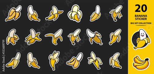 Banana Set Sticker Cartoon Style. Banana icon set. Suitable for Plain Background. Web Landing Page, Banner, Label. Banana cartoon logo design. Isolated vector illustration icons set.