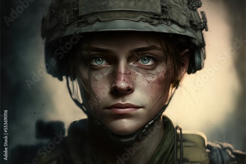 portrait de femme soldat en uniforme avec un casque aux yeux déterminés photo