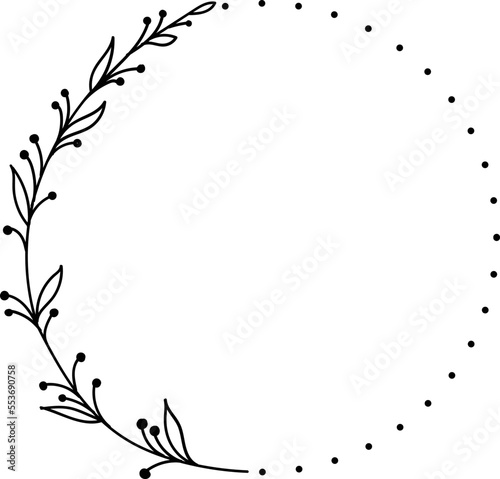 Linear floral wreath. Hand drawn illustration. This art is perfect for invitation cards, spring and summer decor, greeting cards, posters, scrapbooking, print, etc.