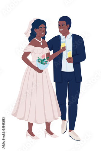Smiling married couple celebrating wedding semi flat color vector characters. Editable figures. Full body people on white. Simple cartoon style illustration for web graphic design and animation