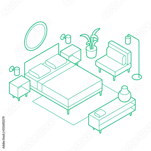 Isometric Bedroom Outline Illustration