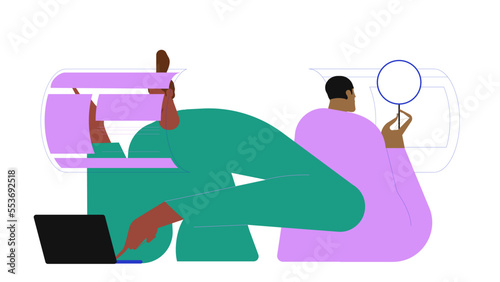 Software testing concept. QA team finding, searching, looking for bugs, errors in program, system. Flat vector illustration isolated on white background