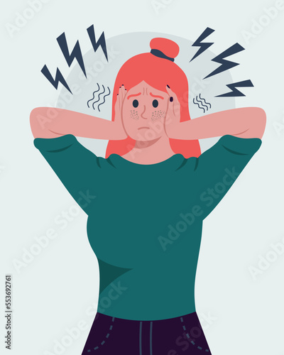 Stressed Girl Cover Her Ears. Concept Of Mental Health Vector Illustration In Flat Style