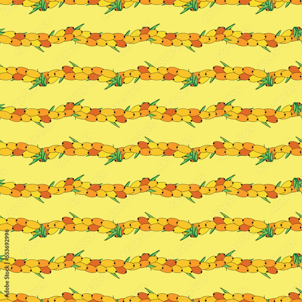 Sea buckthorn seamless pattern. Twigs with berries and leaves. Template with orange fresh berries for wallpaper