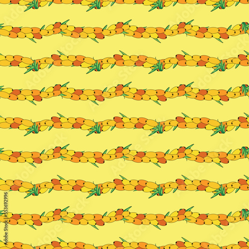 Sea buckthorn seamless pattern. Twigs with berries and leaves. Template with orange fresh berries for wallpaper