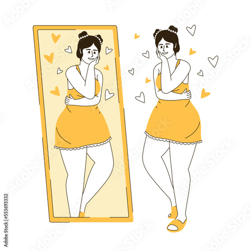 Pretty woman looking in mirror flat color linear vector character. Editable figure. Full body person on white. Cartoon style thin line illustration for web graphic design and animation