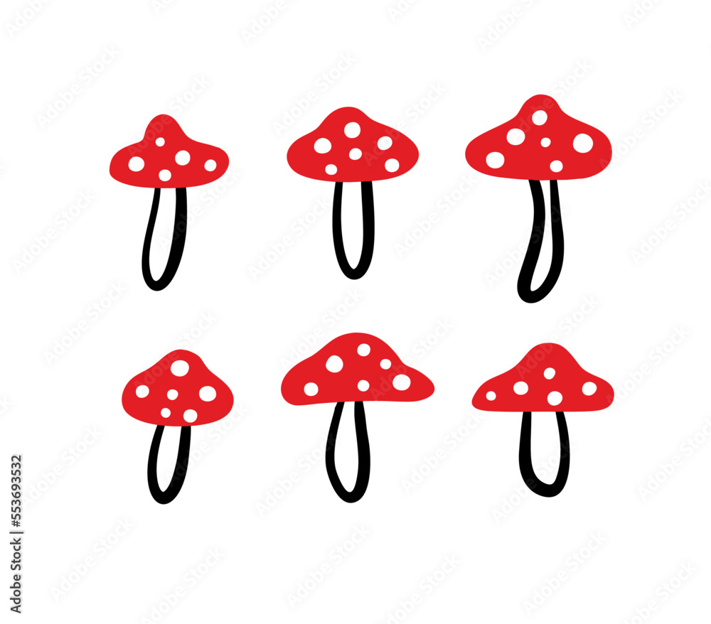 Hand drawn doodle set of poisonous toadstools and fly agarics from the forest.