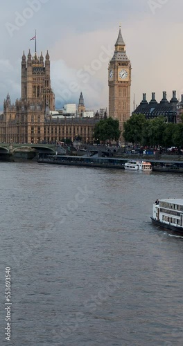 Thames River, Big Ben Tower, London, vertical video 4k