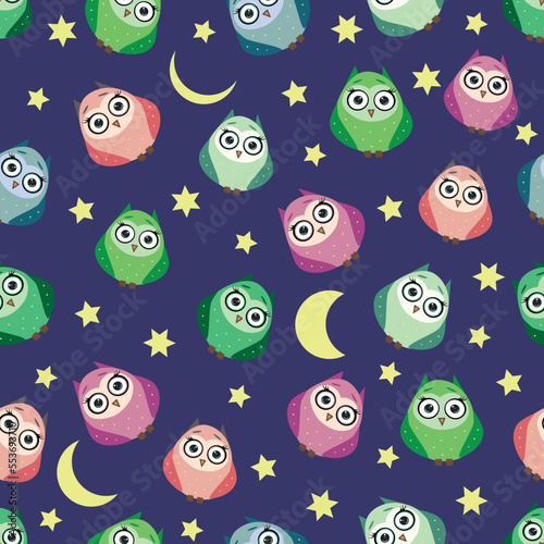 Cute multicolored owls at night with stars, clouds and moon. Seamless pattern in cartoon style, childish seamless pattern, newborn.