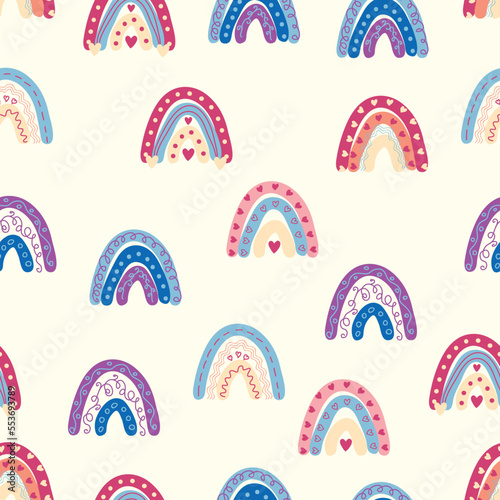 Rainbow seamless pattern in pastel colors. Scandinavian baby hand drawn illustration for textiles and newborn clothes.