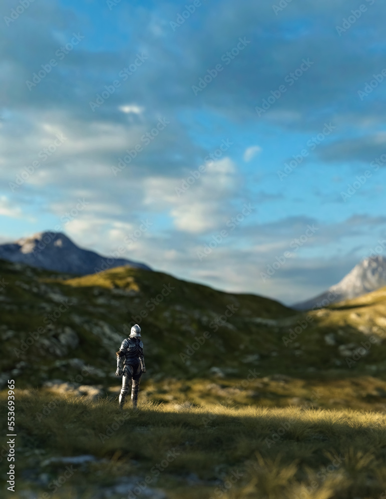 Historic knight stands between tall grass in sunny highlands with a cloudy sky. 3D render.