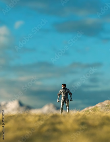 Historic knight stands between tall grass in sunny highlands with a cloudy sky. 3D render.