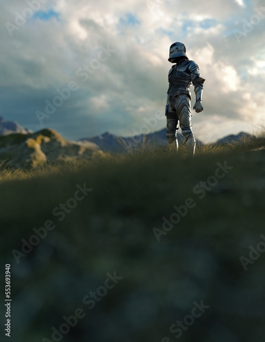 Historic knight stands between tall grass in sunny highlands with a cloudy sky. 3D render.