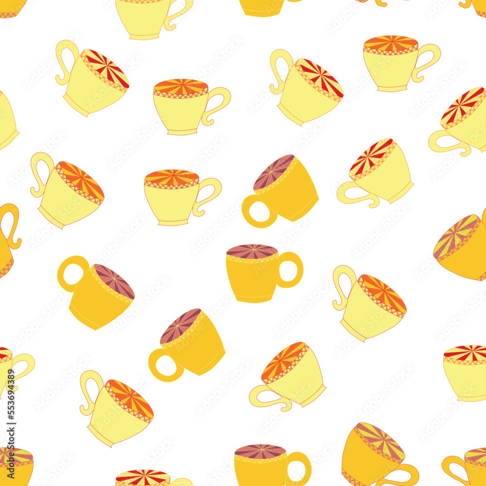 Cups and saucers bright seamless pattern. Tea, tea shop, coffee. Wallpaper, wrapping paper