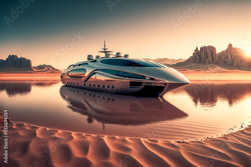 Yacht on a pond in global warming era. Dryness and drought concept. Generated by generative AI.
