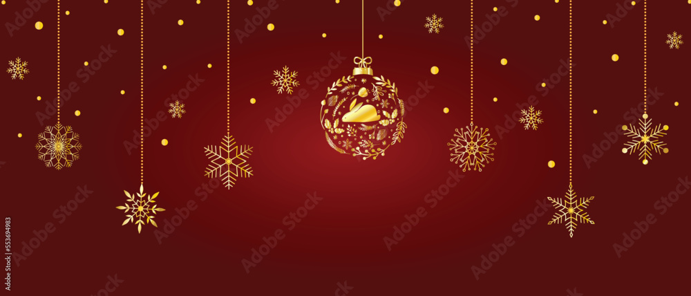 New Years 2023 banner with golden christmas tree ornament with bunny pine tree branches holly berry botanical elements. Hanging snowflakes on string on dark red background. Copy space