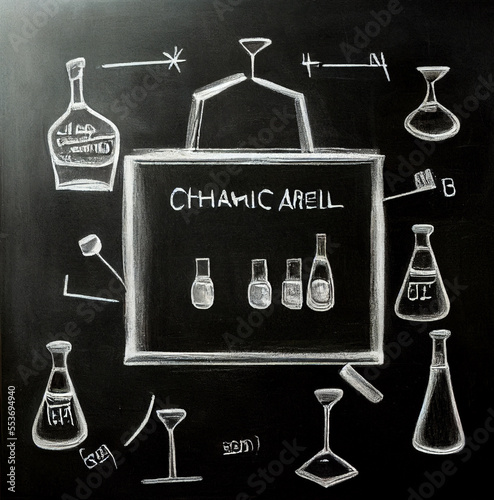 Alcohol formulas drawn on the board and painted bottles, glasses and glasses. photo
