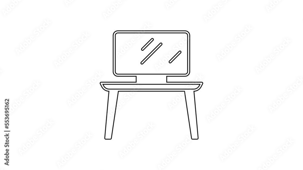 Black line TV table stand icon isolated on white background. 4K Video motion graphic animation Black line TV table stand icon isolated on white background. 4K Video motion graphic animation