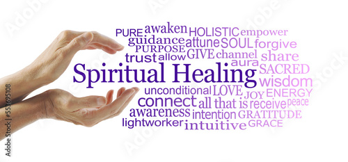 Spiritual healing Word Cloud on White - female healer with gently cupped hands surrounded by a purple graduated word cloud isolated on a white background 