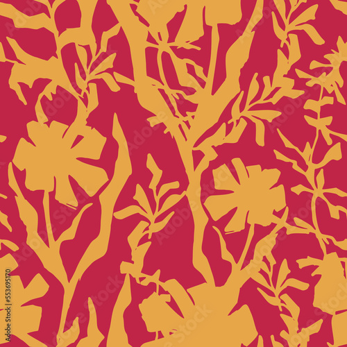 Monochrome wild flowers in seamless pattern. Graphic flowers on a Magenta background.
