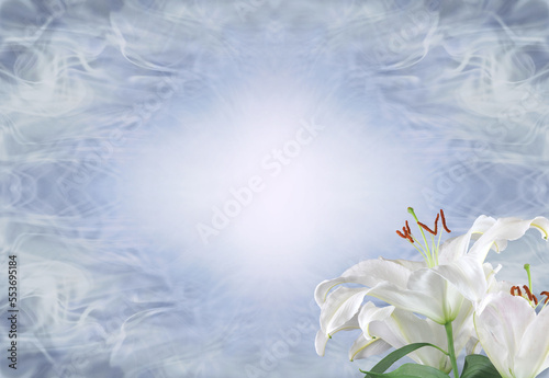 Silvery blue Lily Funeral Wake order of service invitation background banner concept - lily heads in bottom right corner against wispy pale blue diamond shaped background with space for message
 photo