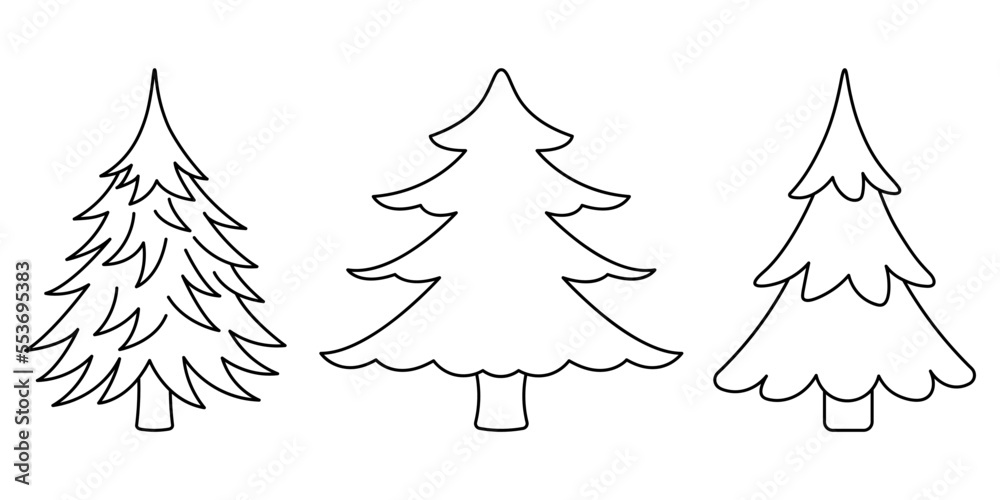 Fototapeta premium Three firs. Sketch. A set of lush firs with prickly coniferous needles. Collection of vector illustrations. Doodle style. Coloring book. Coniferous plant. Outline on isolated background. 