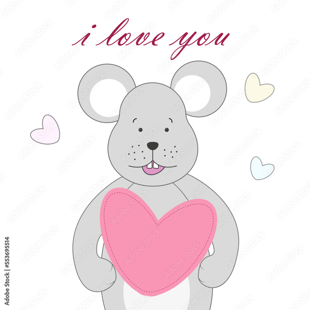 A very tender card for Valentine's Day or birthday with a mouse with a heart in its paws and the inscription 