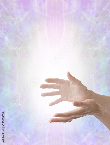 Faith Healers Announcement Template Background - open hands and white light with copy space all around on a beautiful gentle pastel coloured ethereal background ideal for healing theme advert 
