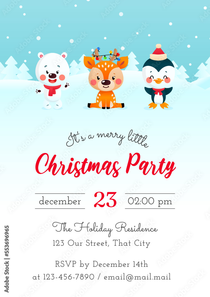 Merry Little Christmas Party invitation template. Winter holiday illustration with a polar bear, a little deer and a penguin on a background of a winter landscape. Vector 10 EPS. Merry Little Christmas Party invitation template. Winter holiday illustration with a polar bear, a little deer and a penguin on a background of a winter landscape. Vector 10 EPS.
