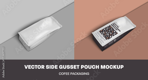 Mockup of vector coffee pouch gusset with degassing valve, white package with modern design, with place for pattern, branding