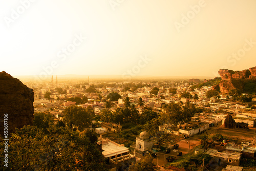 Aerial view of Badami city during sunset Karnataka India.