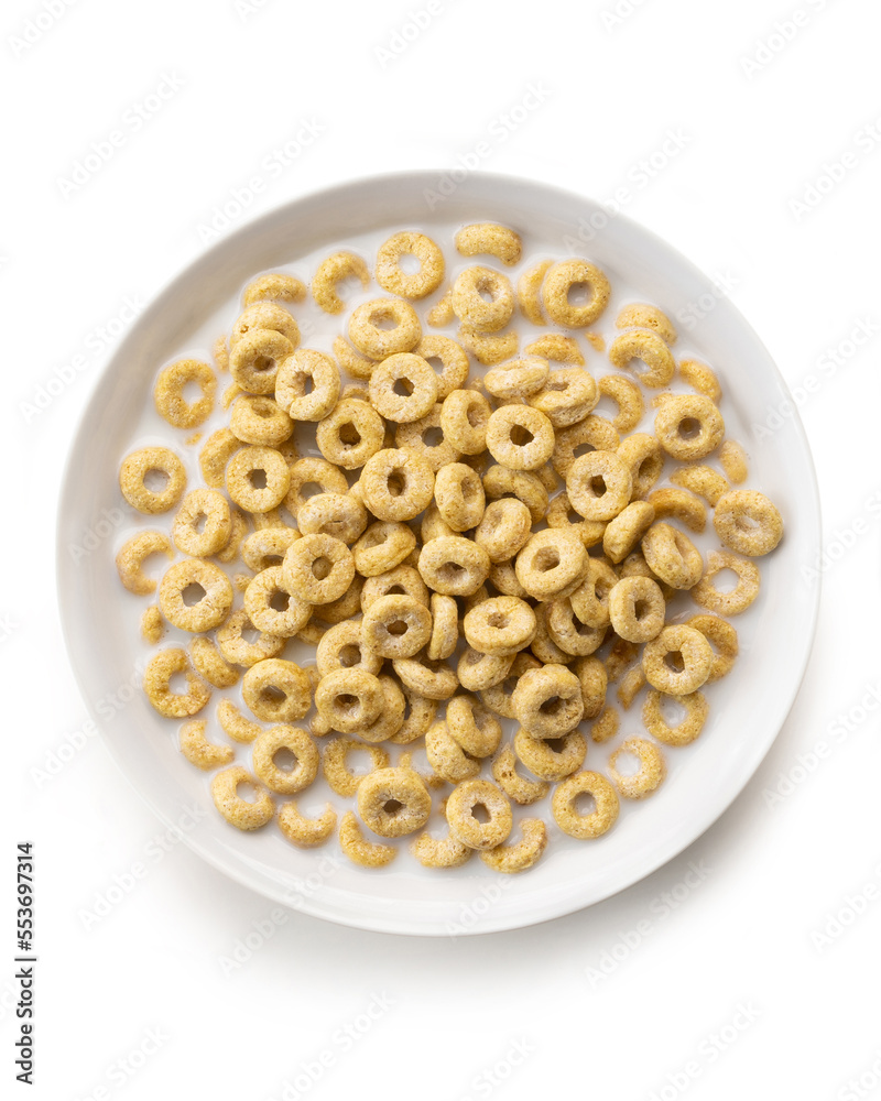 bowl of sweet corn rings with milk isolated on white background, top view bowl of sweet corn rings with milk isolated on white background, top view