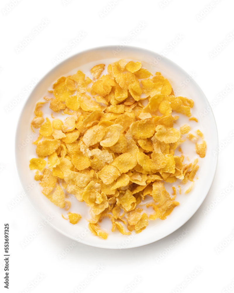 bowl of sweet cornflakes with milk isolated on white background, top view bowl of sweet cornflakes with milk isolated on white background, top view