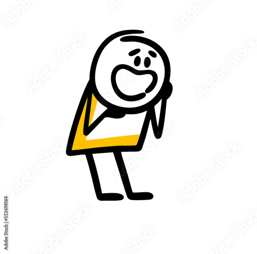The surprised man looks at the floor and presses his hand to his head.