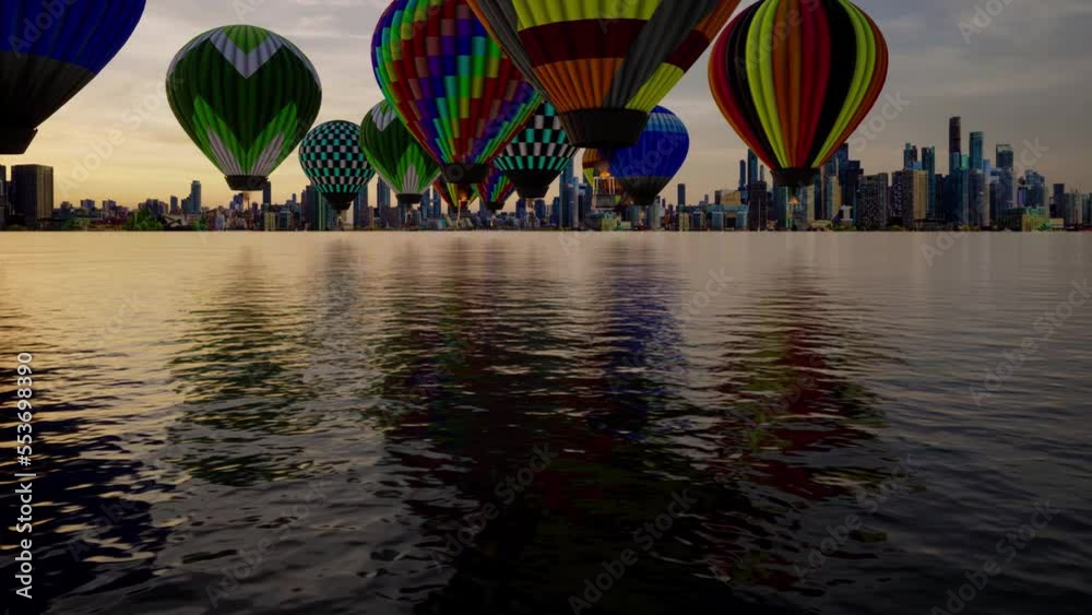 Traveling by boat under multiple hot air balloons as they fly just above the ocean waves at sunset.