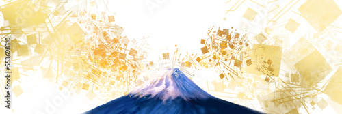 雪化粧の美しい富士山と金箔、金粉、砂子の舞う日本画風背景ワイドサイズイラストと透過背景