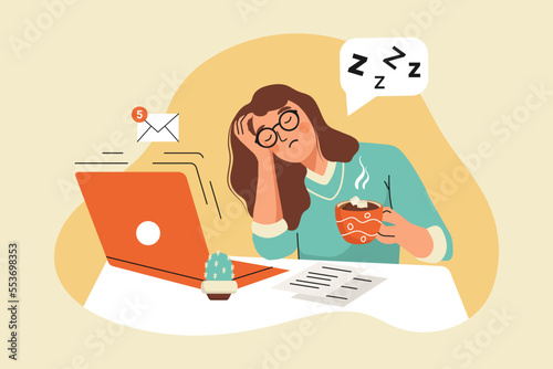 Woman with glasses is Tired of working on a Laptop. The girl wants to Sleep. She holds a cup of Coffee in her hands and falls Asleep. Vector illustration on the theme of eye health and Fatigue. 