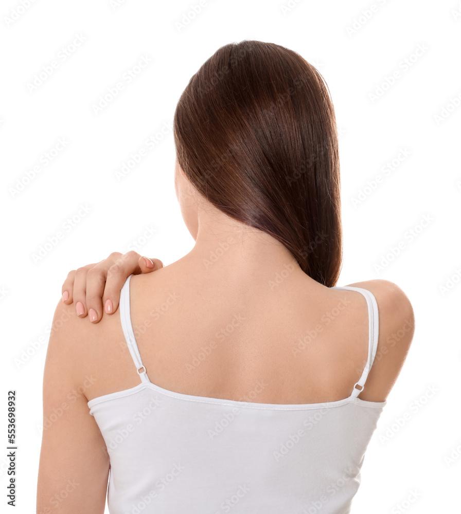 Woman suffering from pain in her shoulder on white background, back view. Arthritis symptoms Woman suffering from pain in her shoulder on white background, back view. Arthritis symptoms