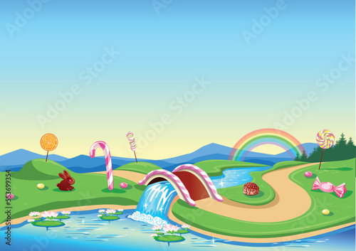 Fairy tale vector illustration of candy land with river and chocolate bridge with caramel railings. Sweet and tasty background with lollipops, candy and rainbow.